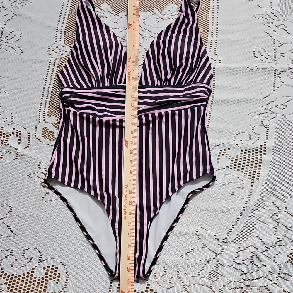 Striped Pink and Black Swimsuit - Picture 2 of 7